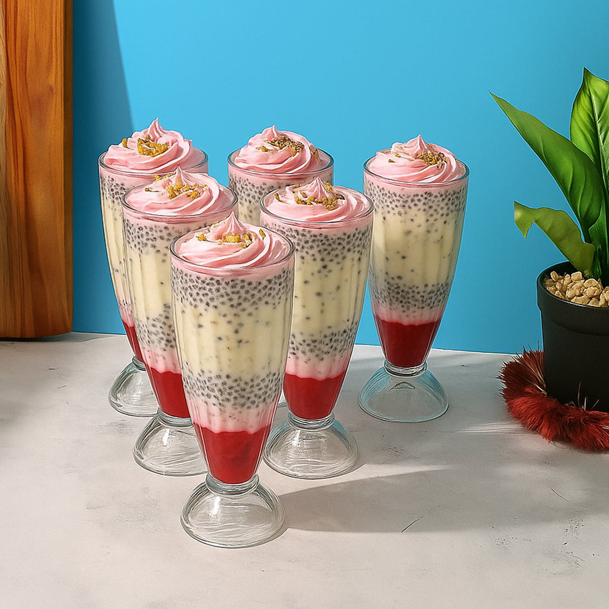 Set of six premium 400ML dessert and falooda glasses showcasing clear tall design Main image