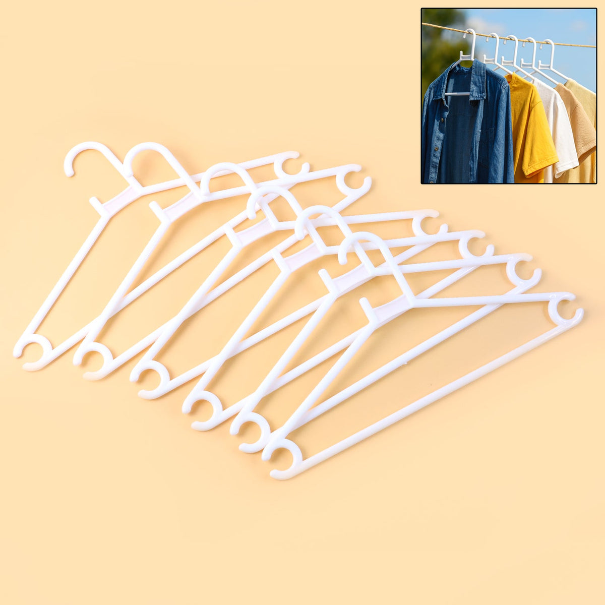 Set of 6 durable white plastic clothes hangers for closet organization Main image