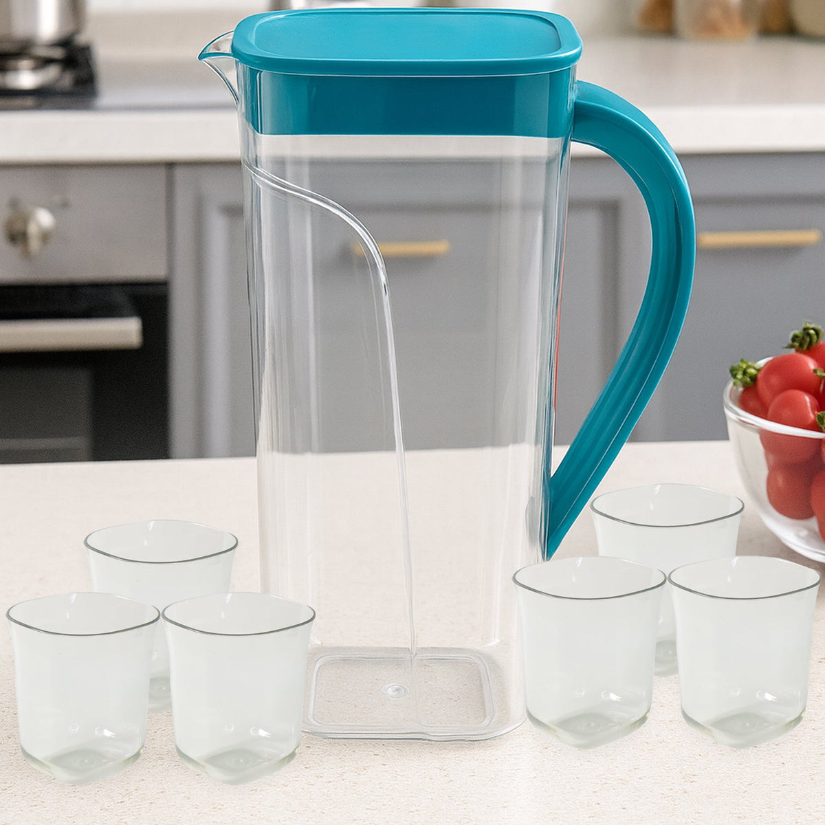 Plastic jug with lid and six glasses set, unbreakable and transparent Main image