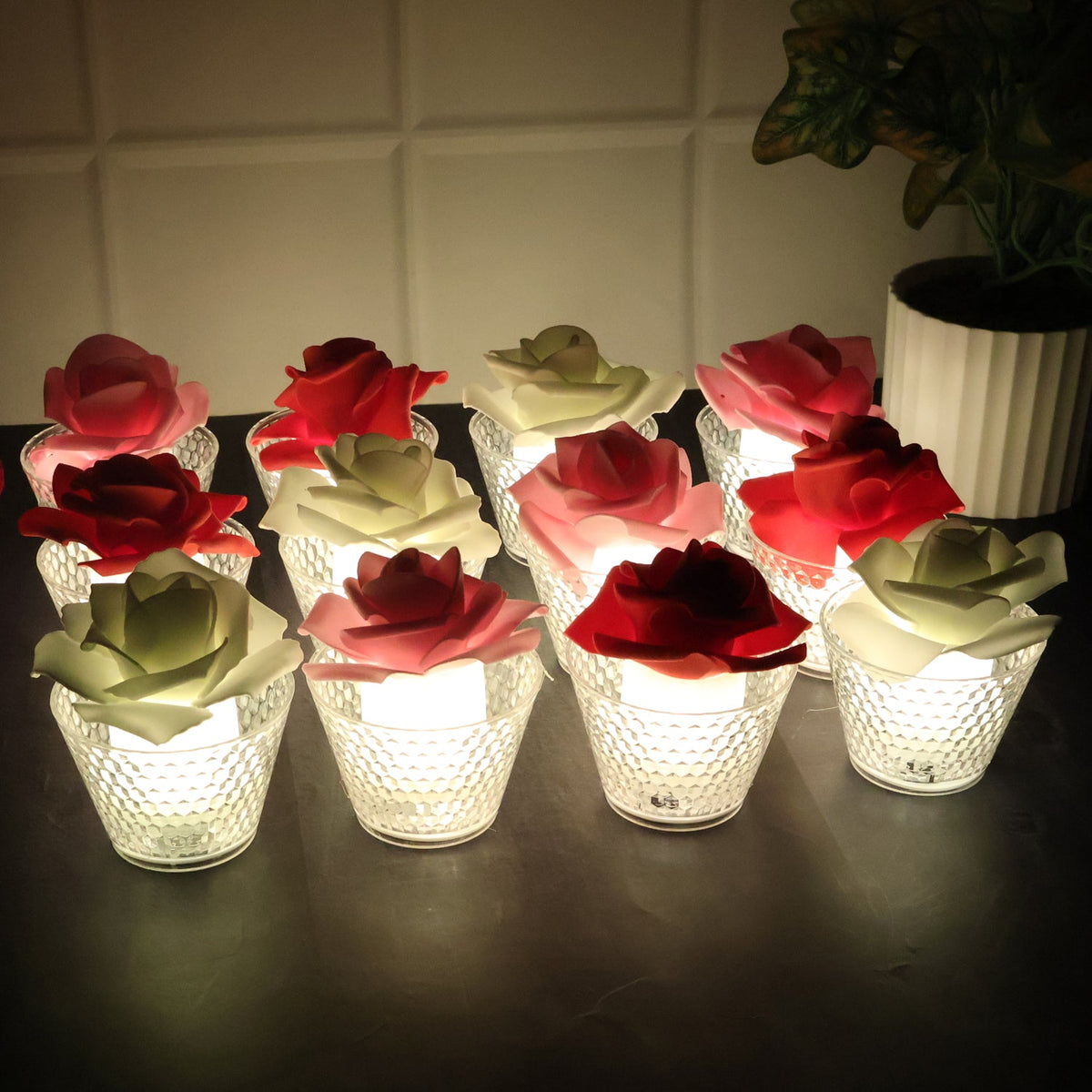 Set of Rose Shaped Flameless LED Candles glowing softly with glass holders Main image
