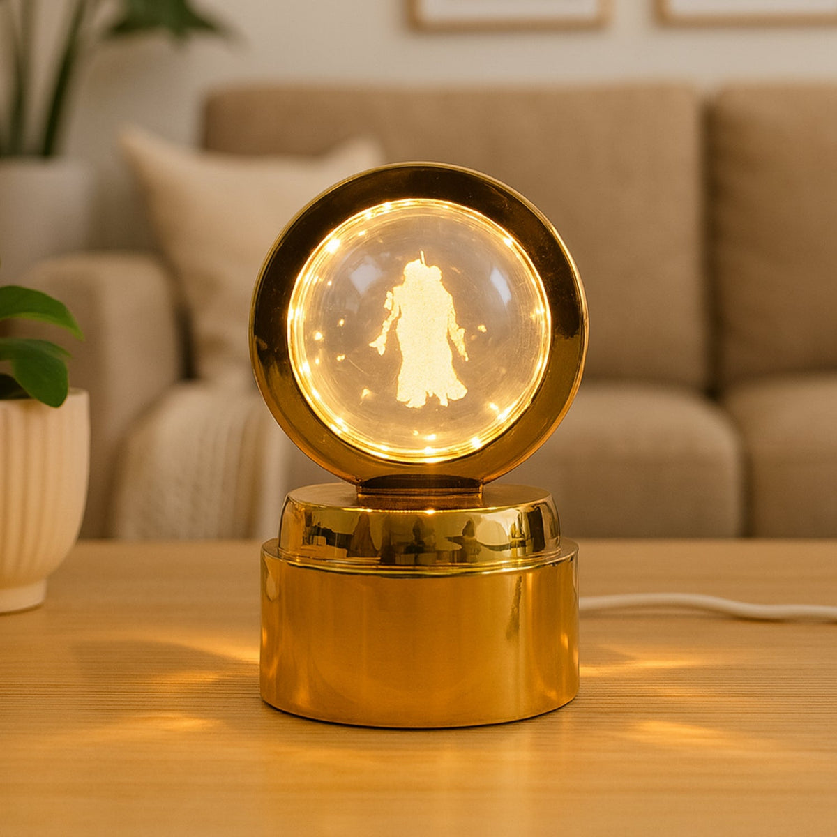 Radhe Krishna 3D figure inside rotating crystal ball LED night light with golden base Main image