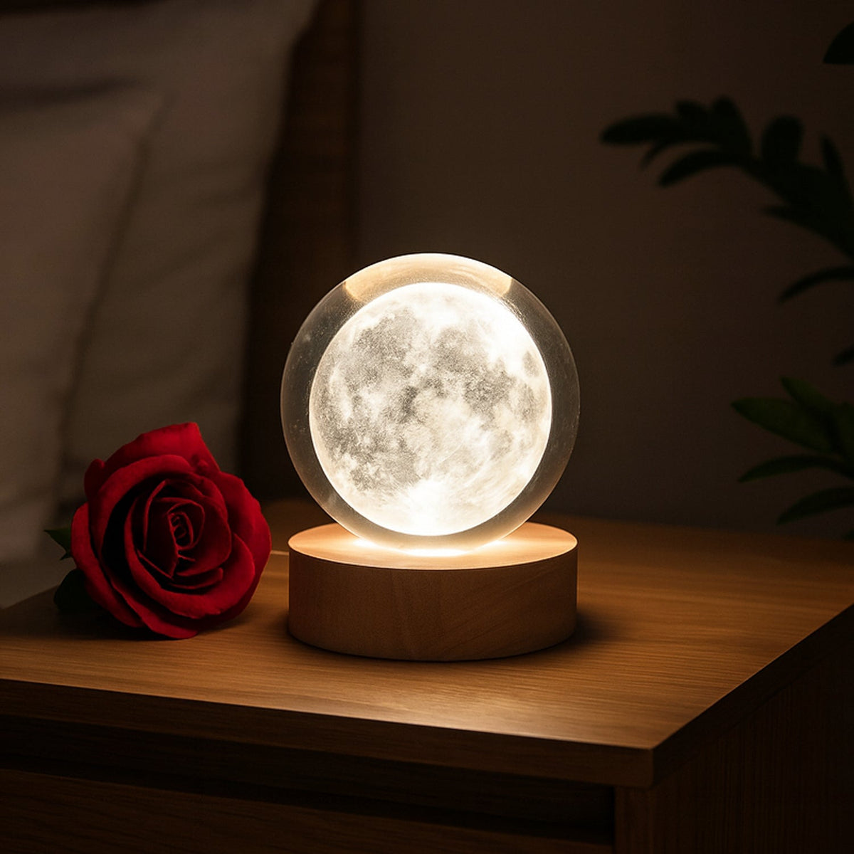 Enchanting 3D Crystal Ball Lamp illuminating a cozy bedroom at night. Main image
