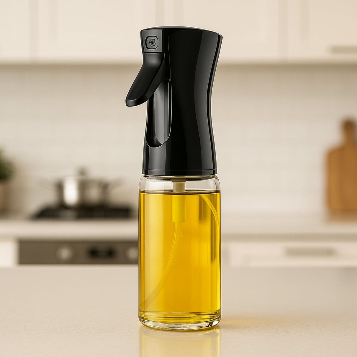 Glass oil spray bottle with ergonomic trigger for cooking. Main image
