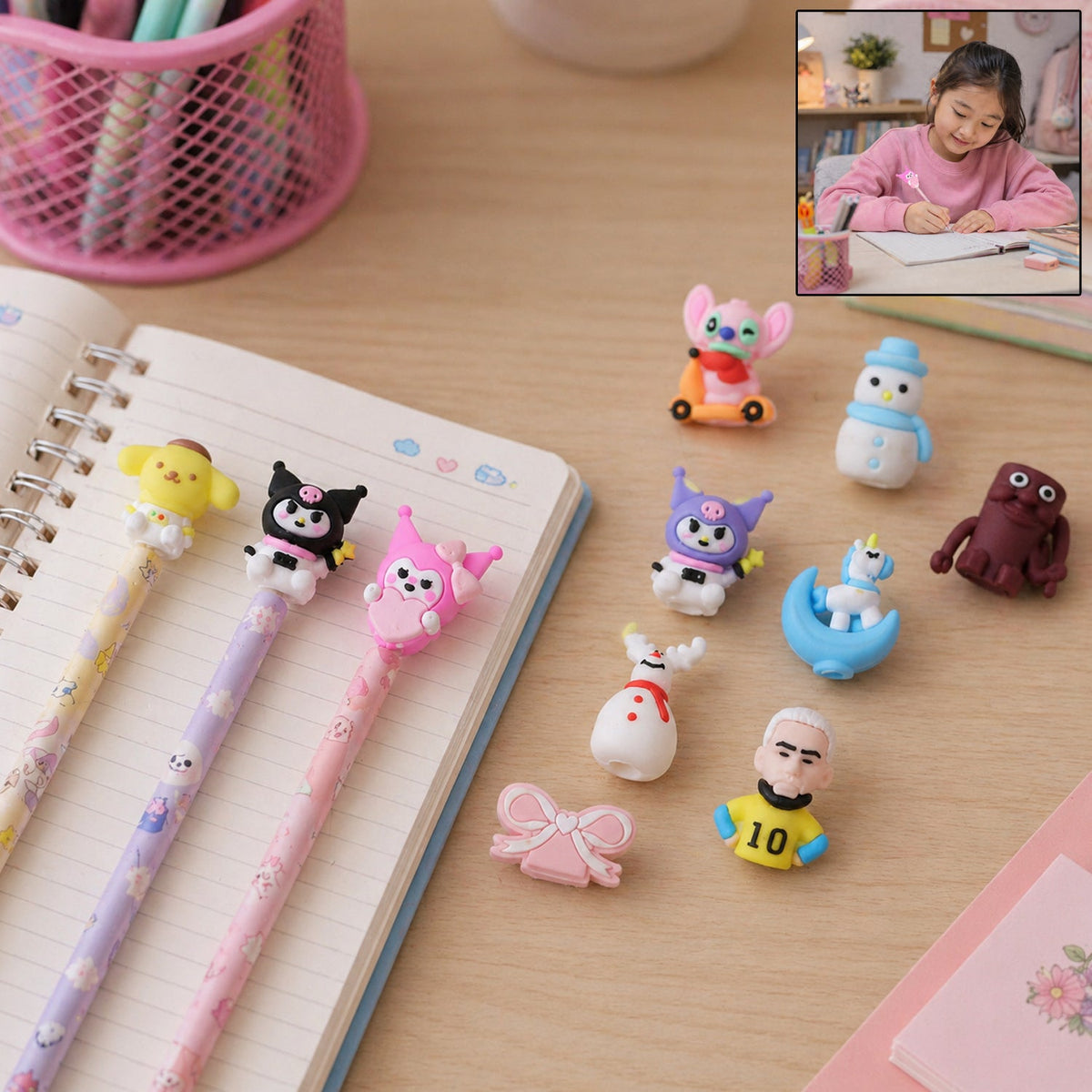 Colourful cartoon pencil topper for kids' pencils. Main image