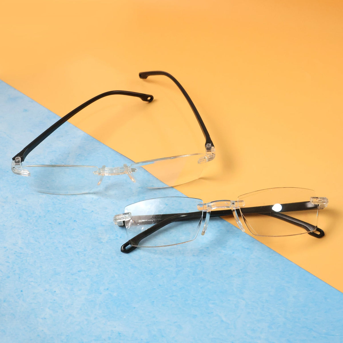 Close-up image of rimless reading glasses showcasing lightweight design and clear lenses Main image