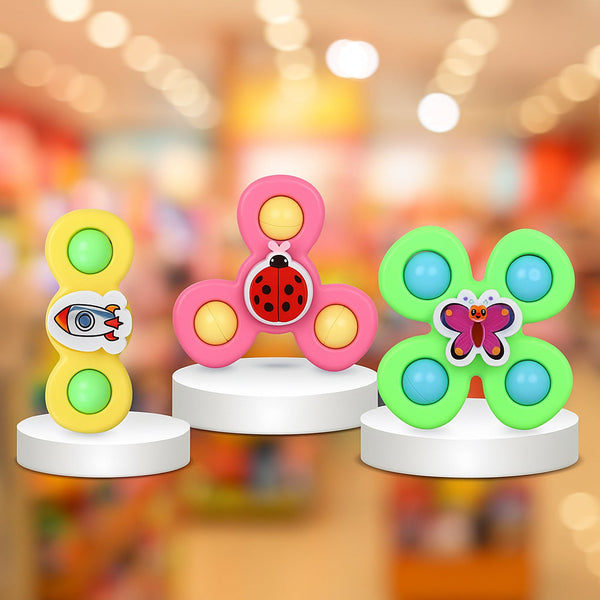 Close-up of baby spinner toy with smooth edges and suction base