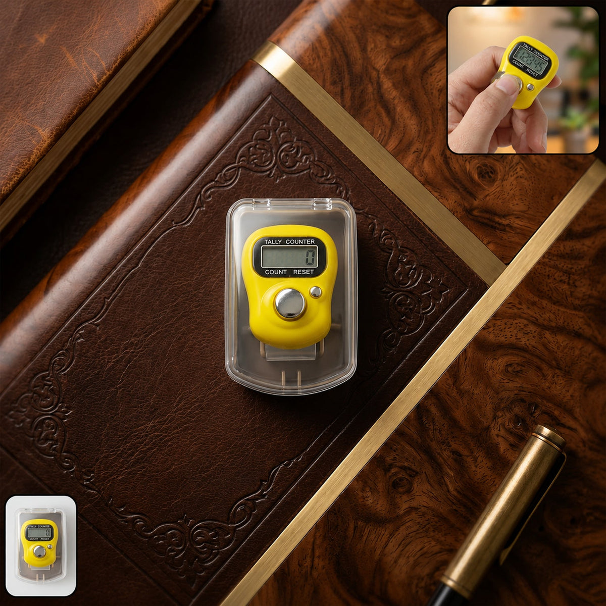 Digital finger tally counter showing clear LCD display and finger strap Main image
