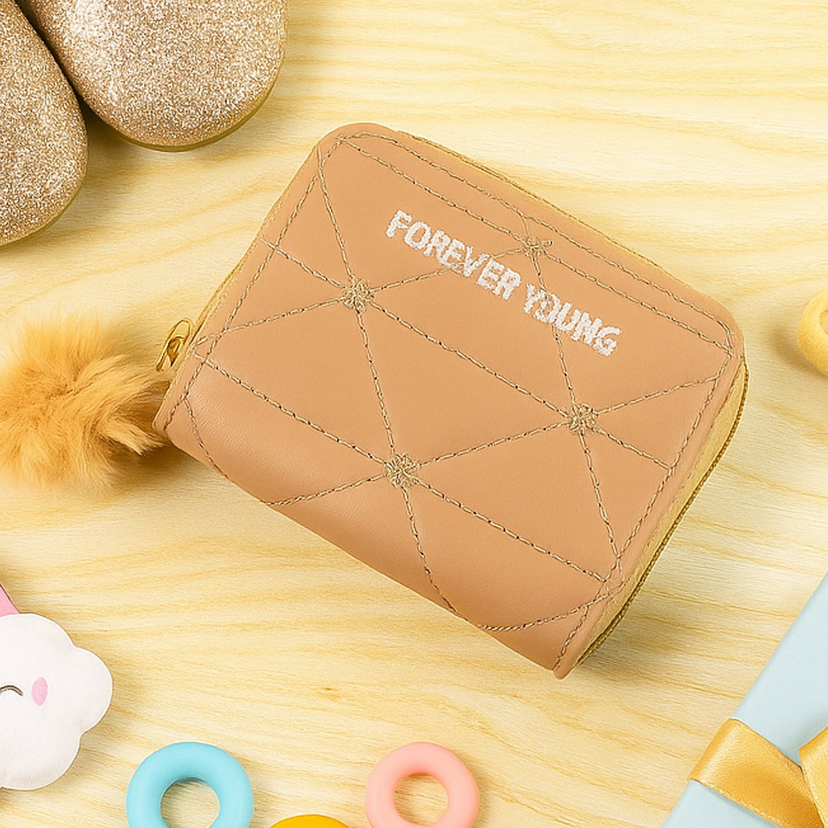 Kids wallet with soft fur zip puller and Forever Young design on front Main image