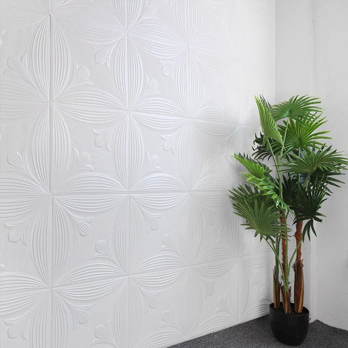 White floral embossed 3D foam wallpaper panel measuring 70×70 cm for wall decoration Main image