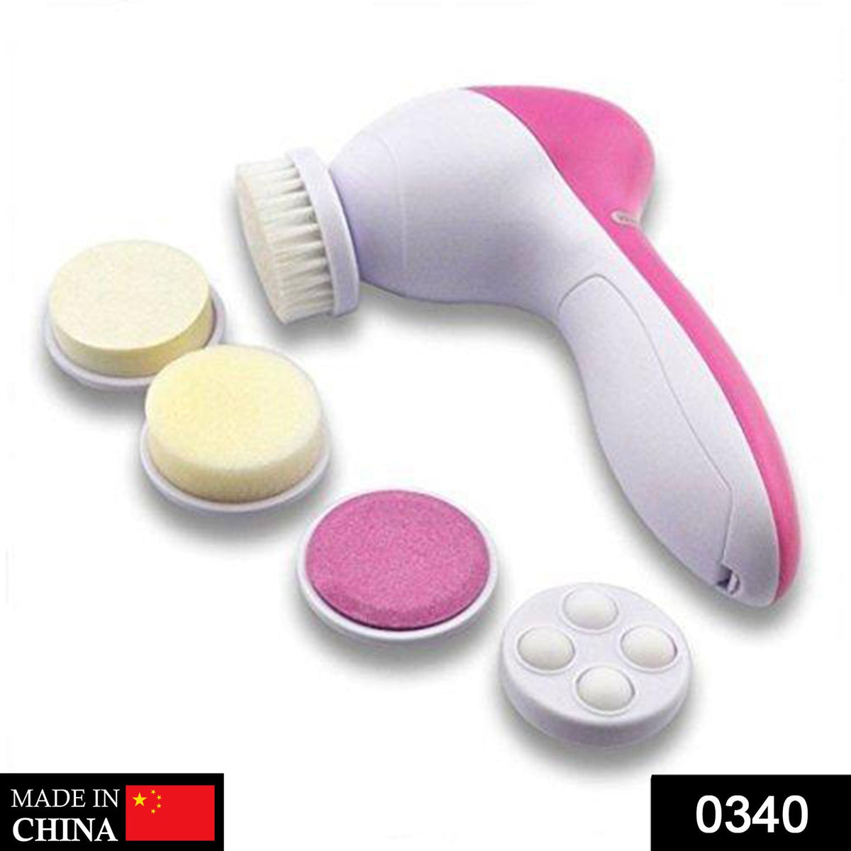 Pink 5-in-1 facial massager with multiple attachments on a clean surface. Main image