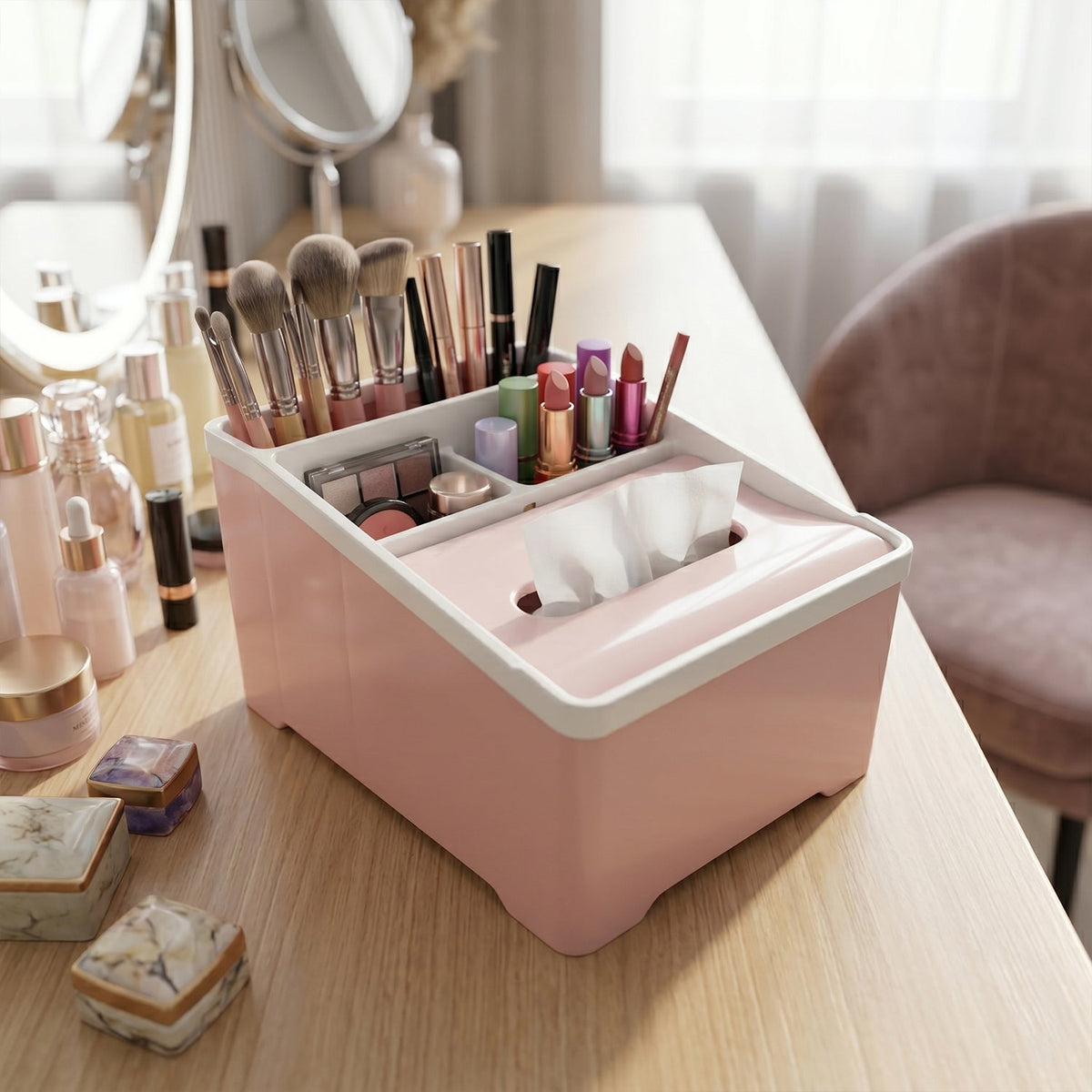Plastic multipurpose storage organizer box with compartments and tissue holder slot Main image