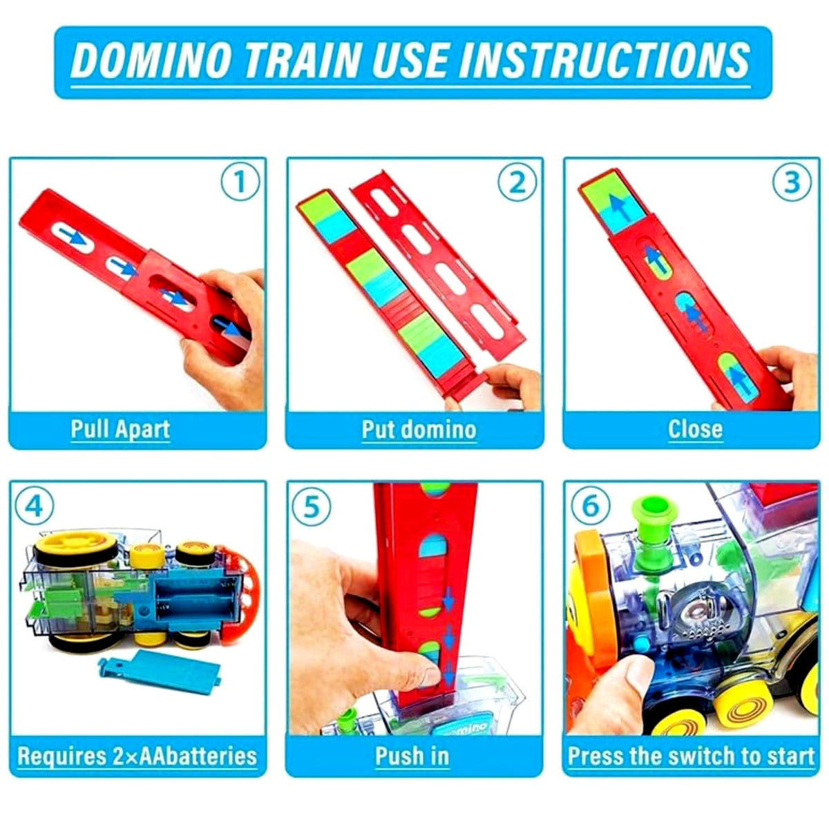 Transparent domino train set laying a long chain of colorful blocks. Main image