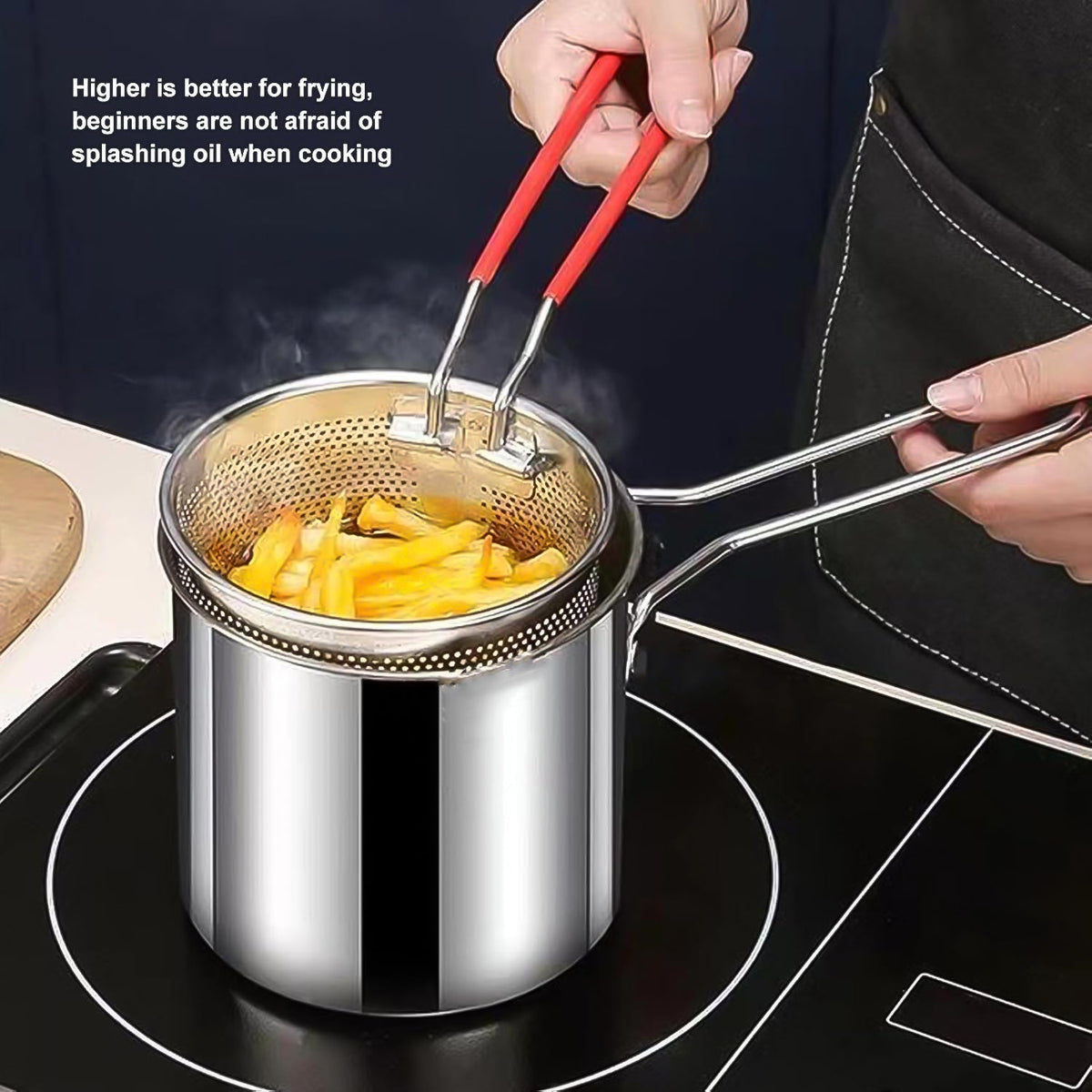 FirePot Deep Frying Pot with strainer basket frying crispy golden French fries. Main image