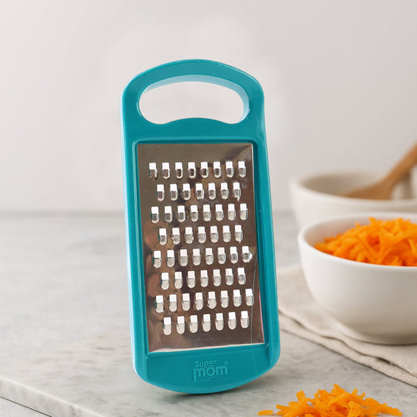 Side angle showing sharp stainless steel blade of Supermom multipurpose grater