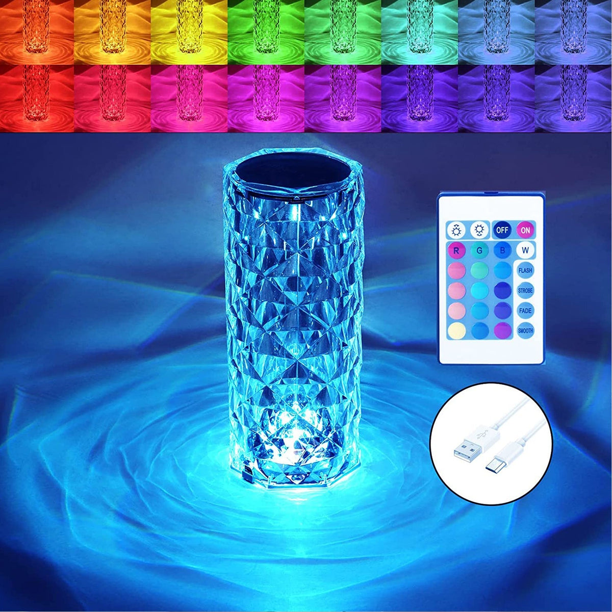 Crystal Touch Lamp emitting a soft glow, showcasing its diamond-like facets. Main image