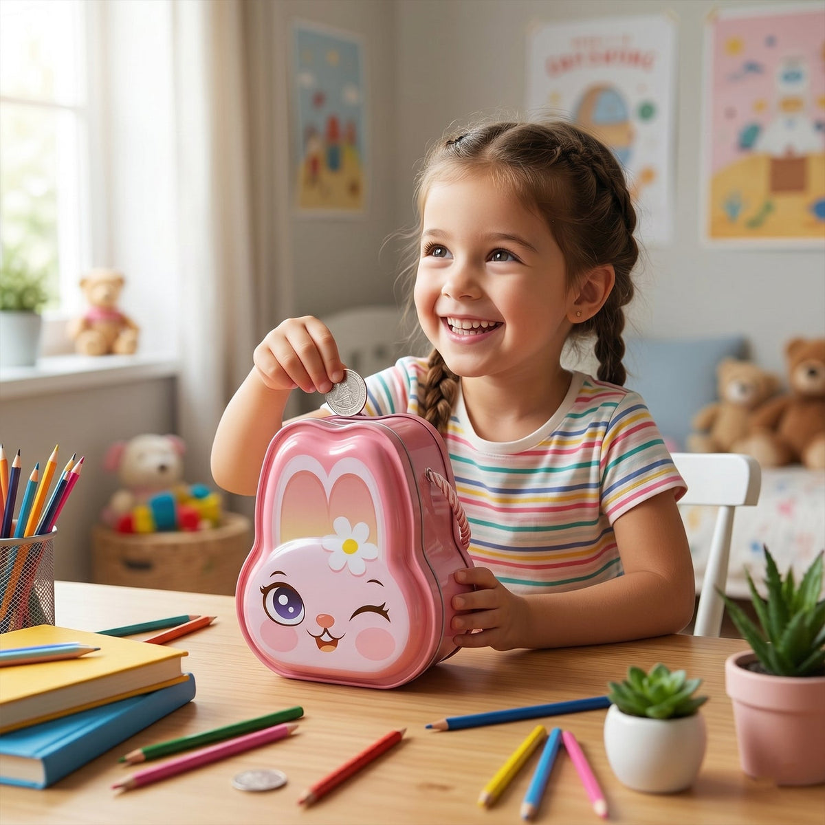 Pink bunny-shaped metal piggy bank with lock and key for kids Main image