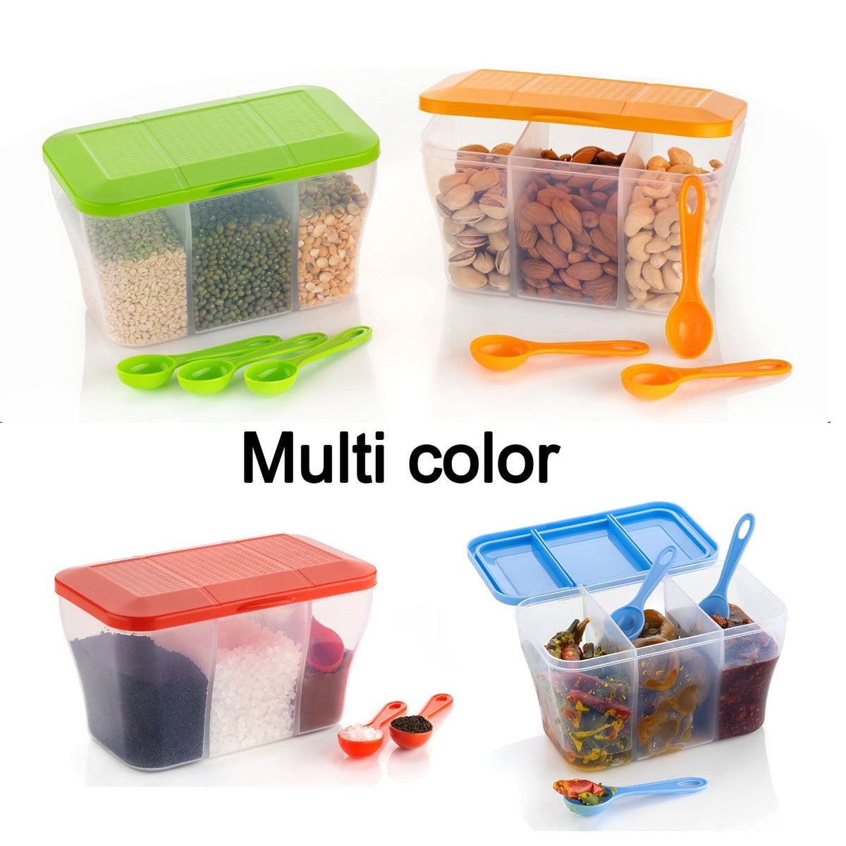 Transparent 750ml airtight storage container with 3 sections, ideal for kitchen organization. Main image