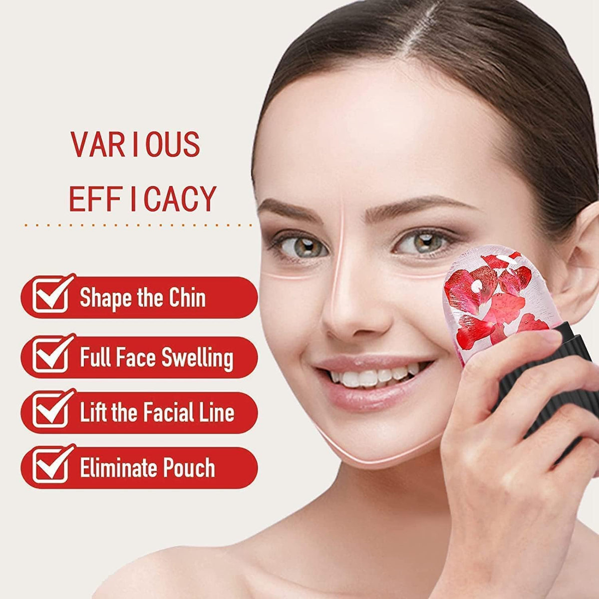 Woman using black face ice roller to reduce puffiness and swelling on her cheek. Main image