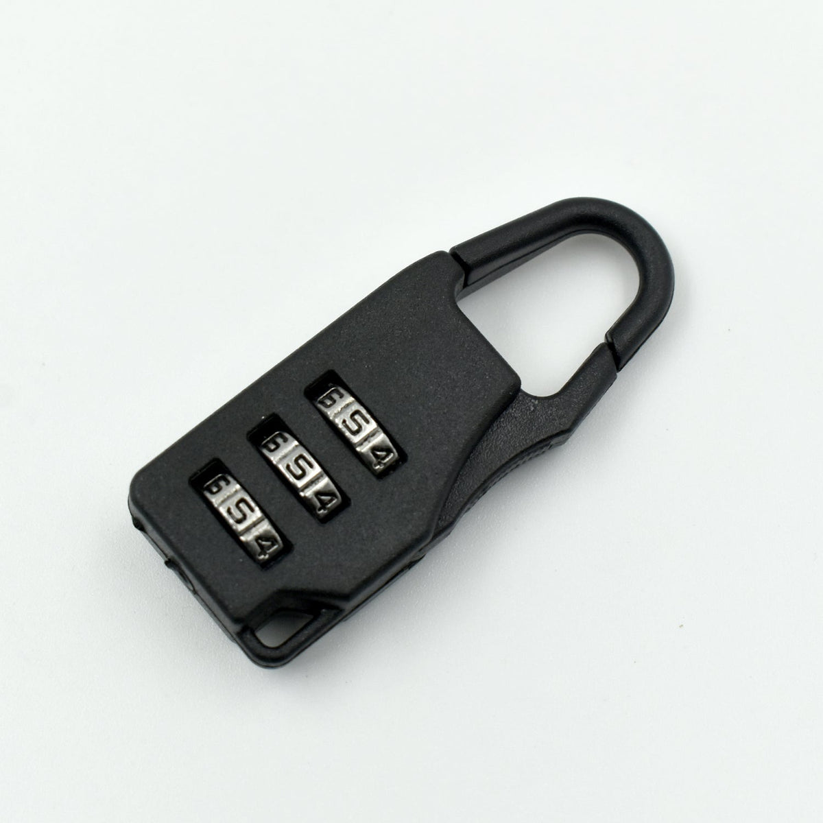 A sleek black 3-digit luggage lock securely attached to a suitcase zipper. Main image