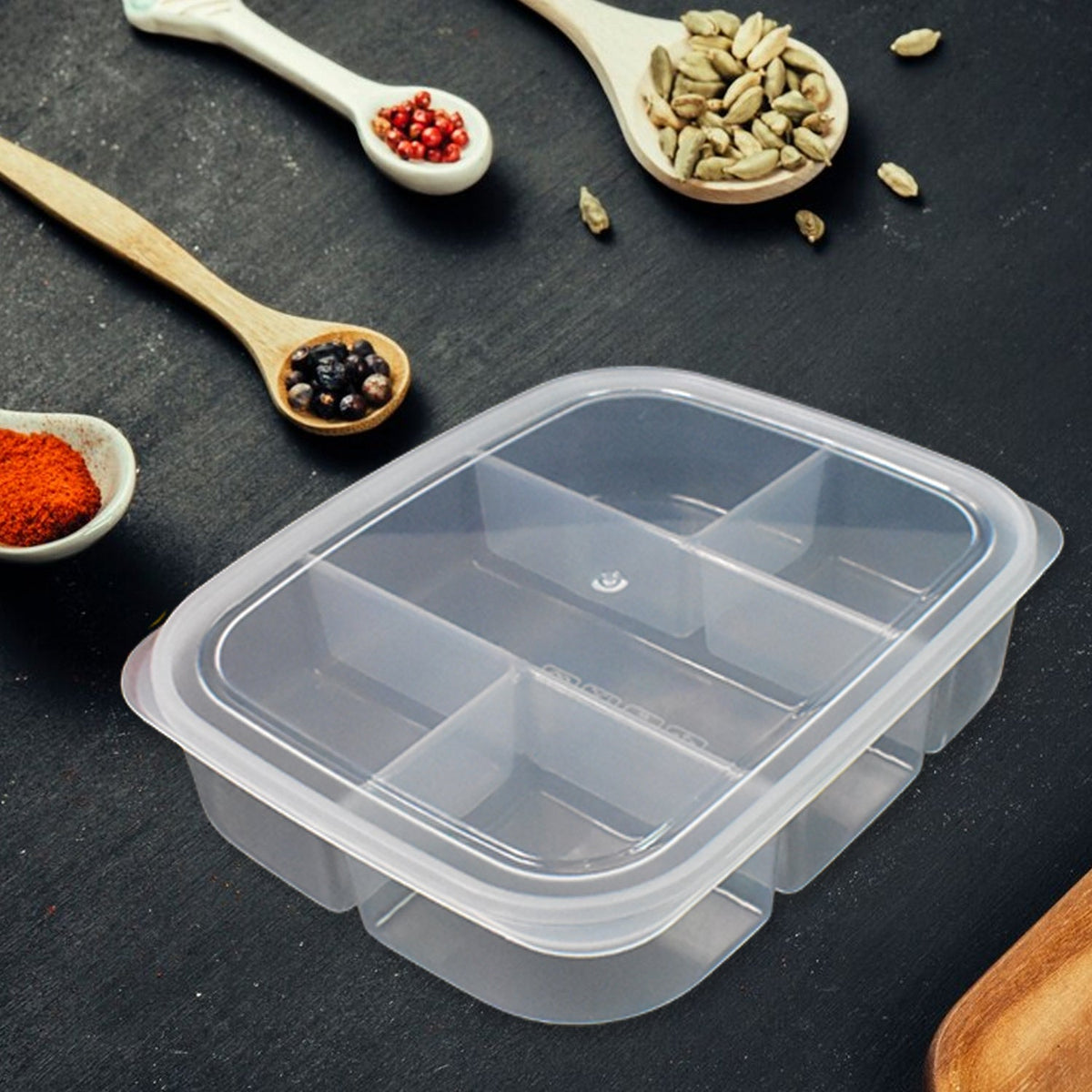 Lunchie Bunchie 5 Compartment Lunch Box filled with healthy Indian snacks and meal items. Main image