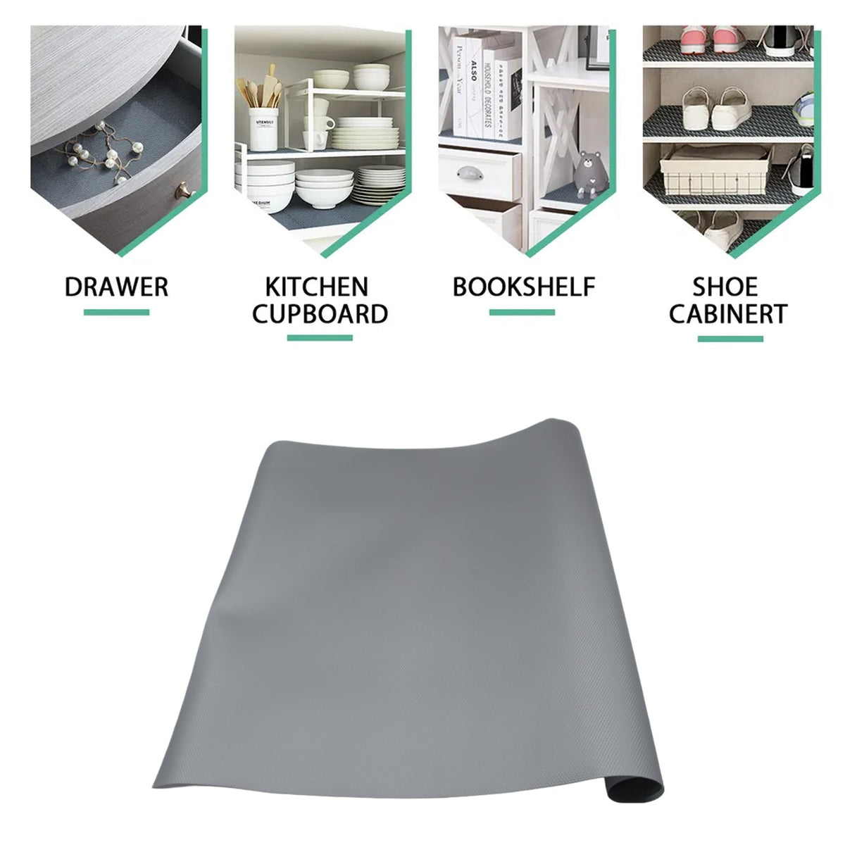 Multipurpose anti-slip shelf liner protecting a kitchen counter and drawer. Main image