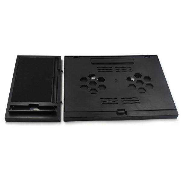 Compact foldable laptop stand with phone holder, ideal for desk and travel.