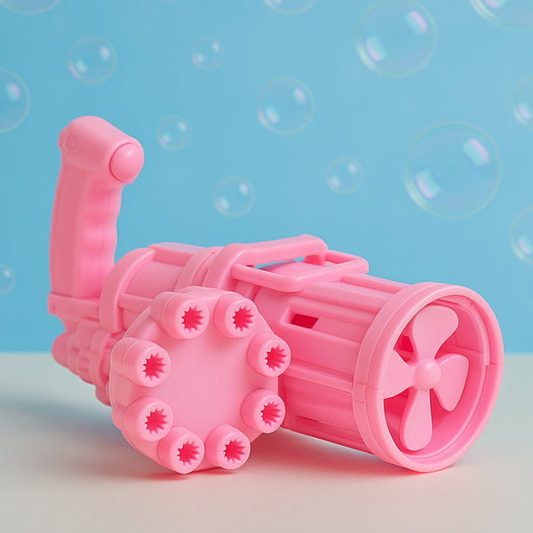 Ergonomic handle and trigger of the bubble gun, designed for comfortable grip by kids.