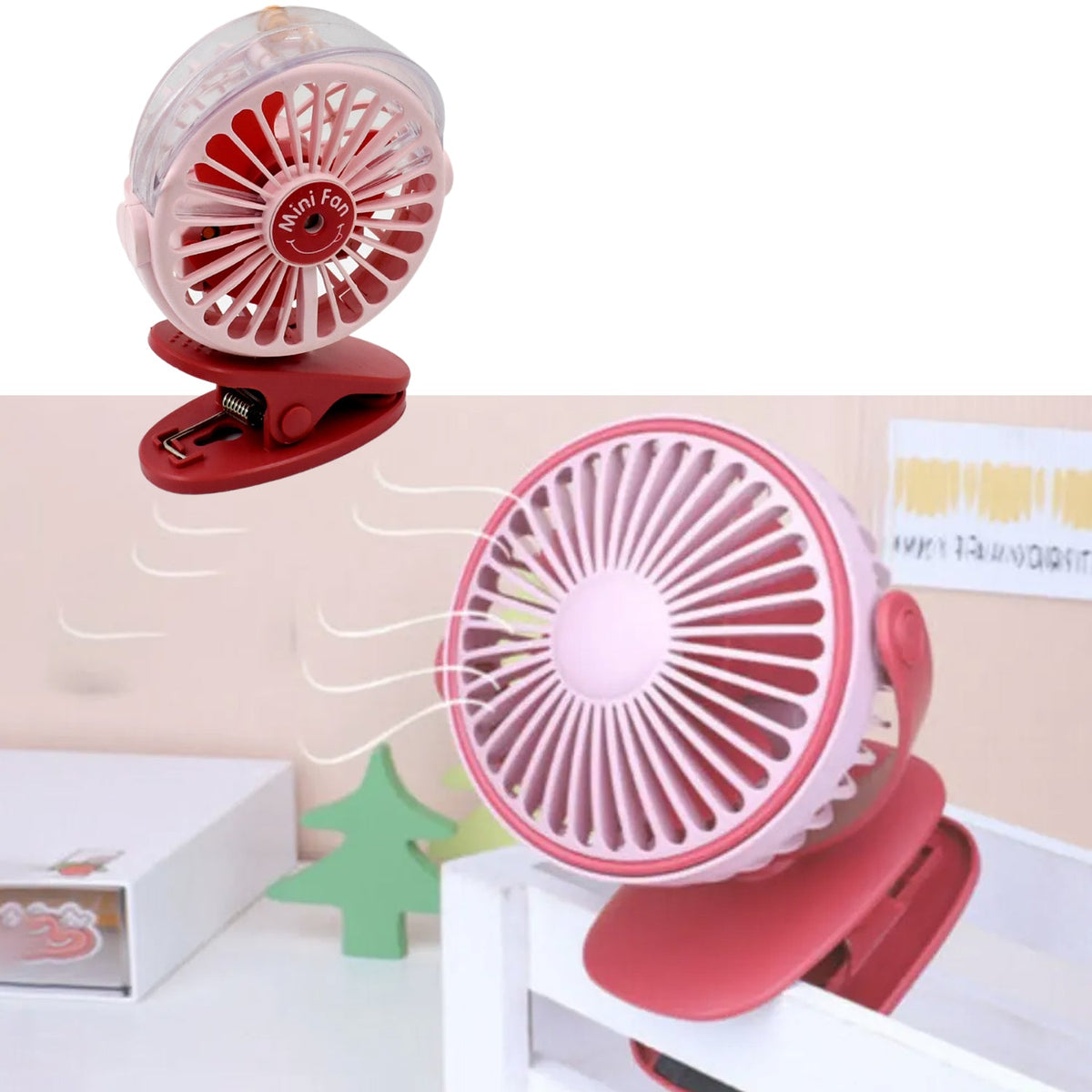 portable clip-on fan with LED light and spray function, shown in white. Main image