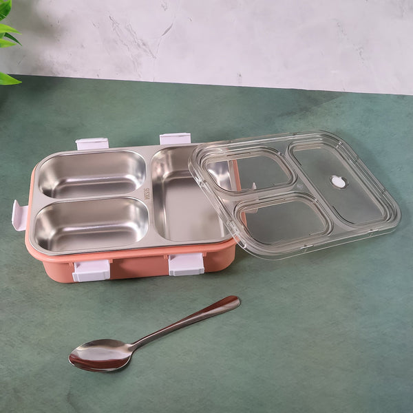 Side view of the portable lunch box, demonstrating its compact size for bags.