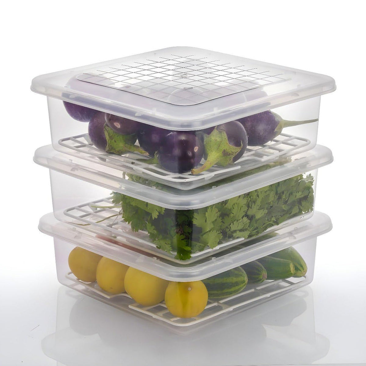 Plastic food storage container with removable drain tray and lid from Organivo Main image