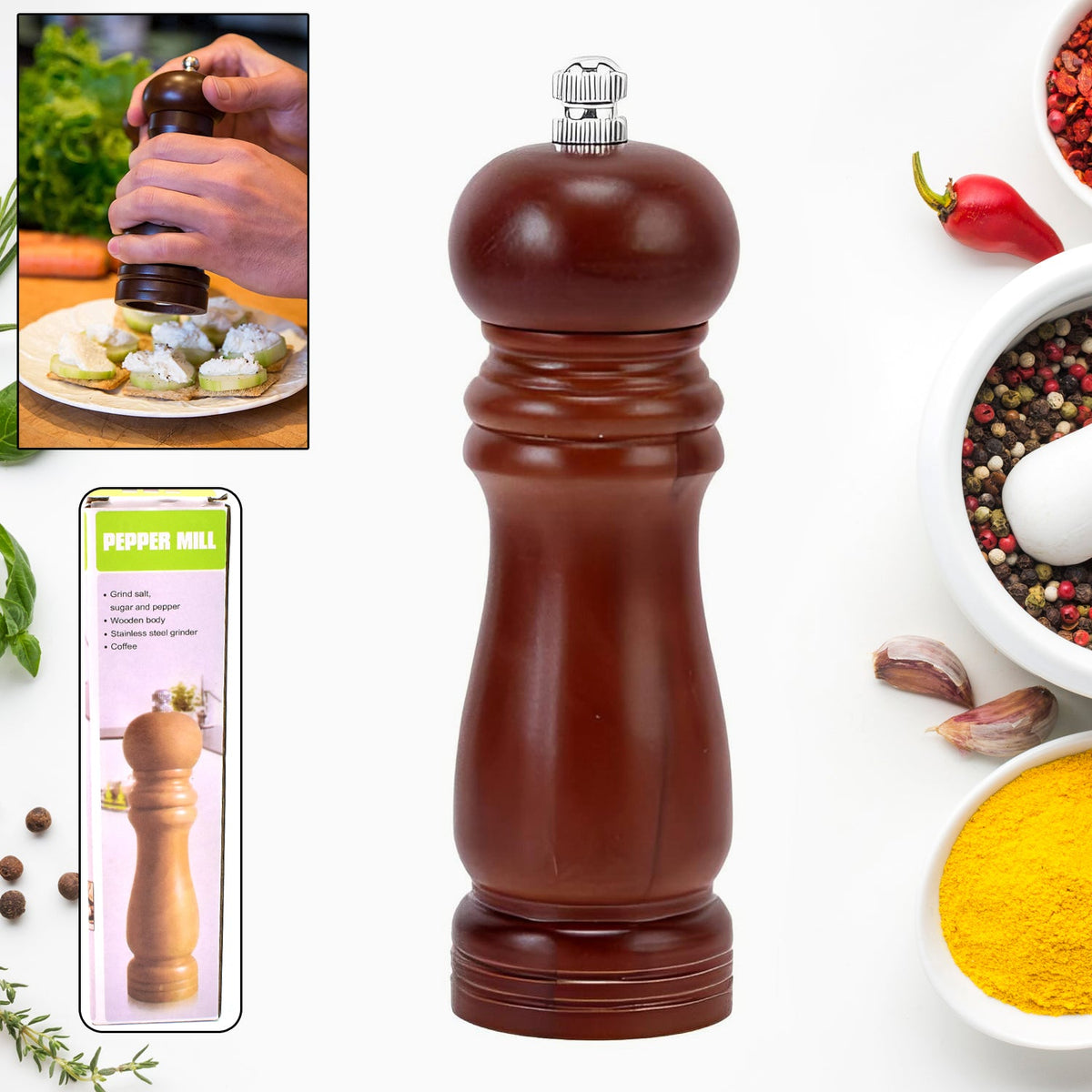 Elegant 6-inch wooden pepper mill with an adjustable ceramic grinder, ready for use. Main image