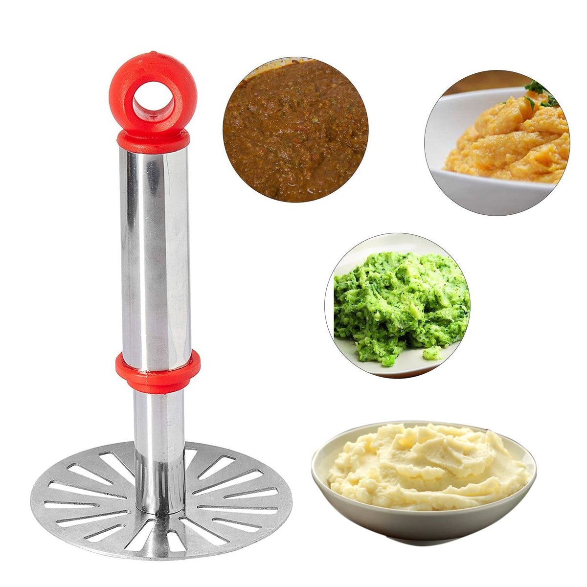 Ganesh stainless steel potato masher with a comfortable plastic handle. Main image