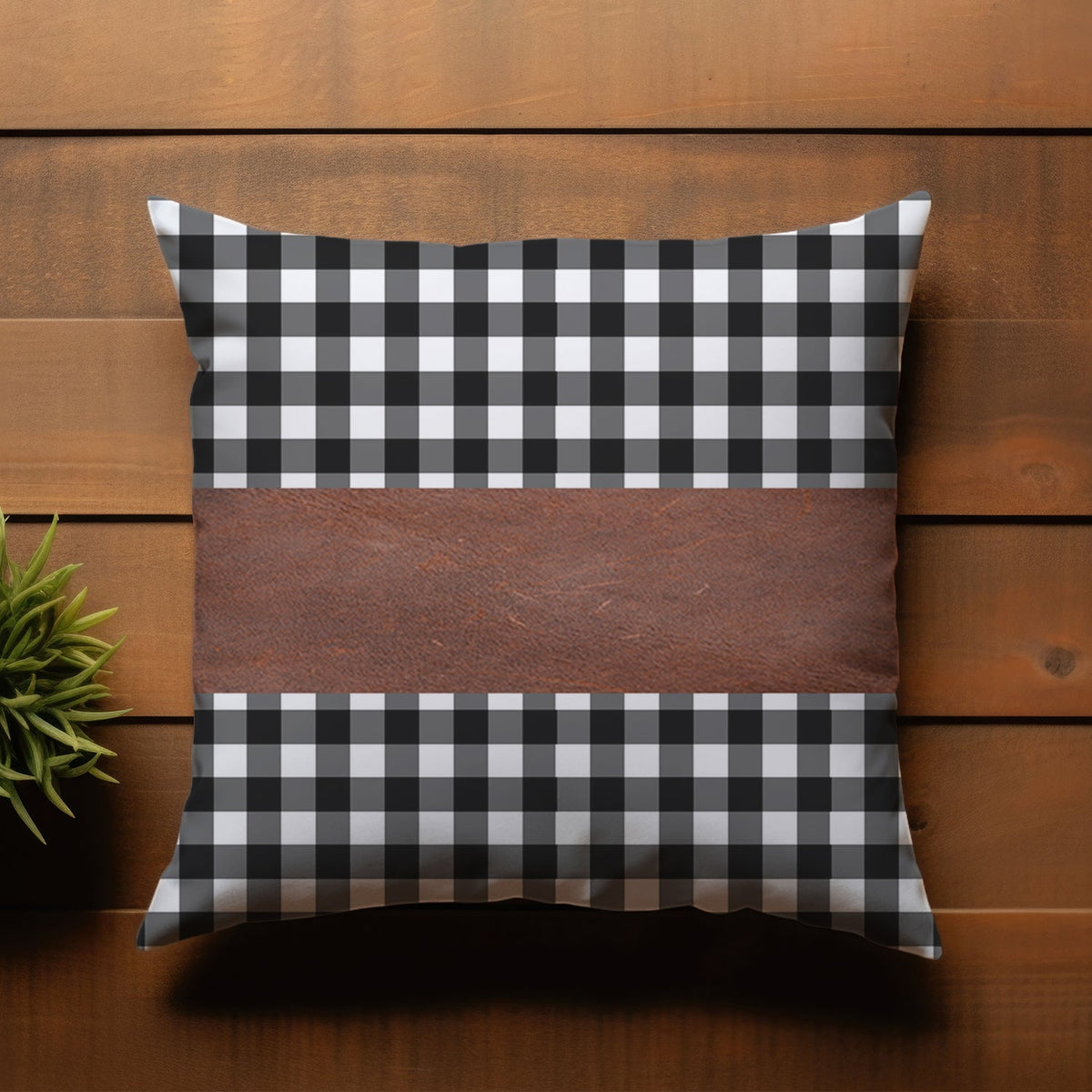 Stylish checked faux leather and cotton blend pillow cover for sofa. Main image