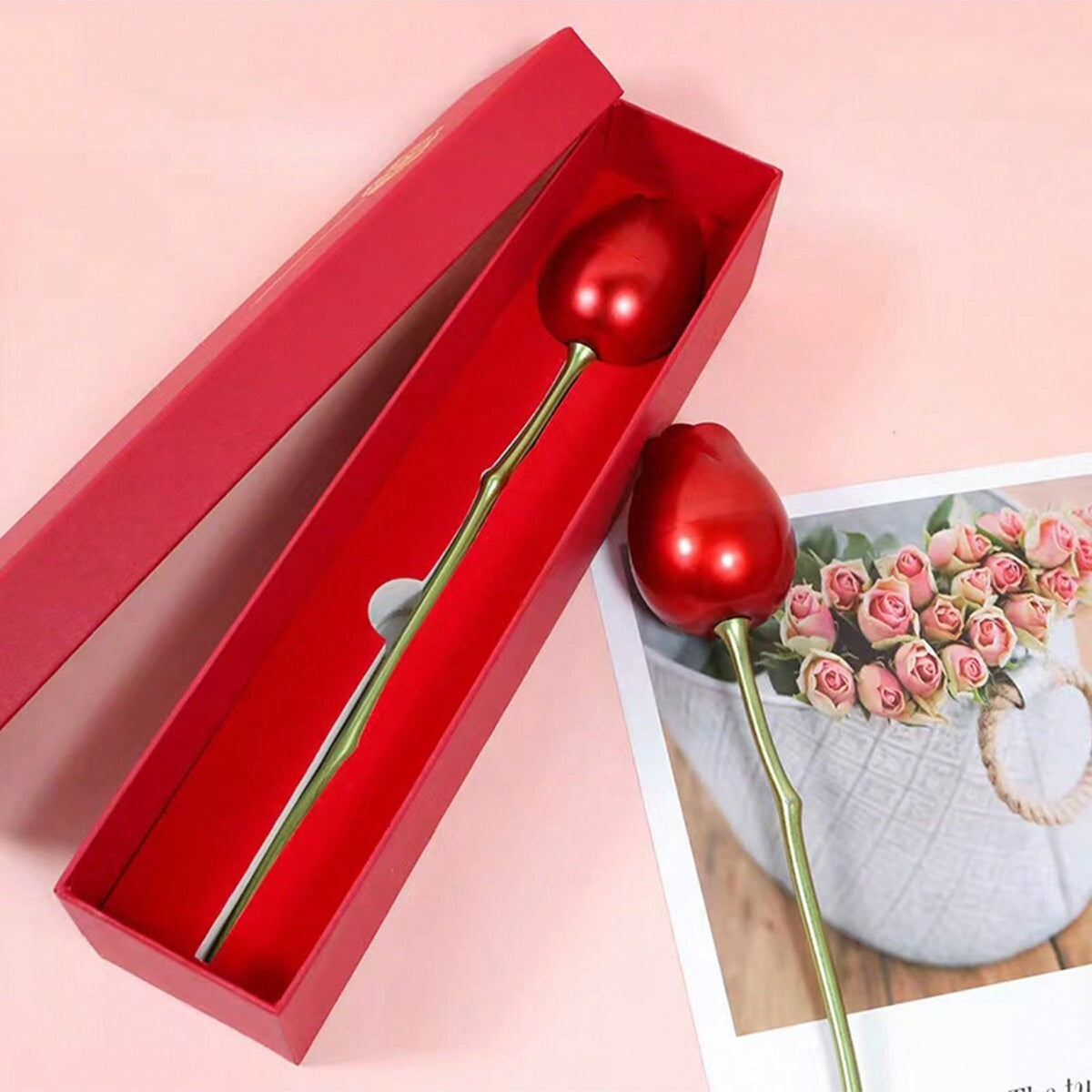 Elegant metal red rose jewelry box, perfect romantic gift for engagements. Main image