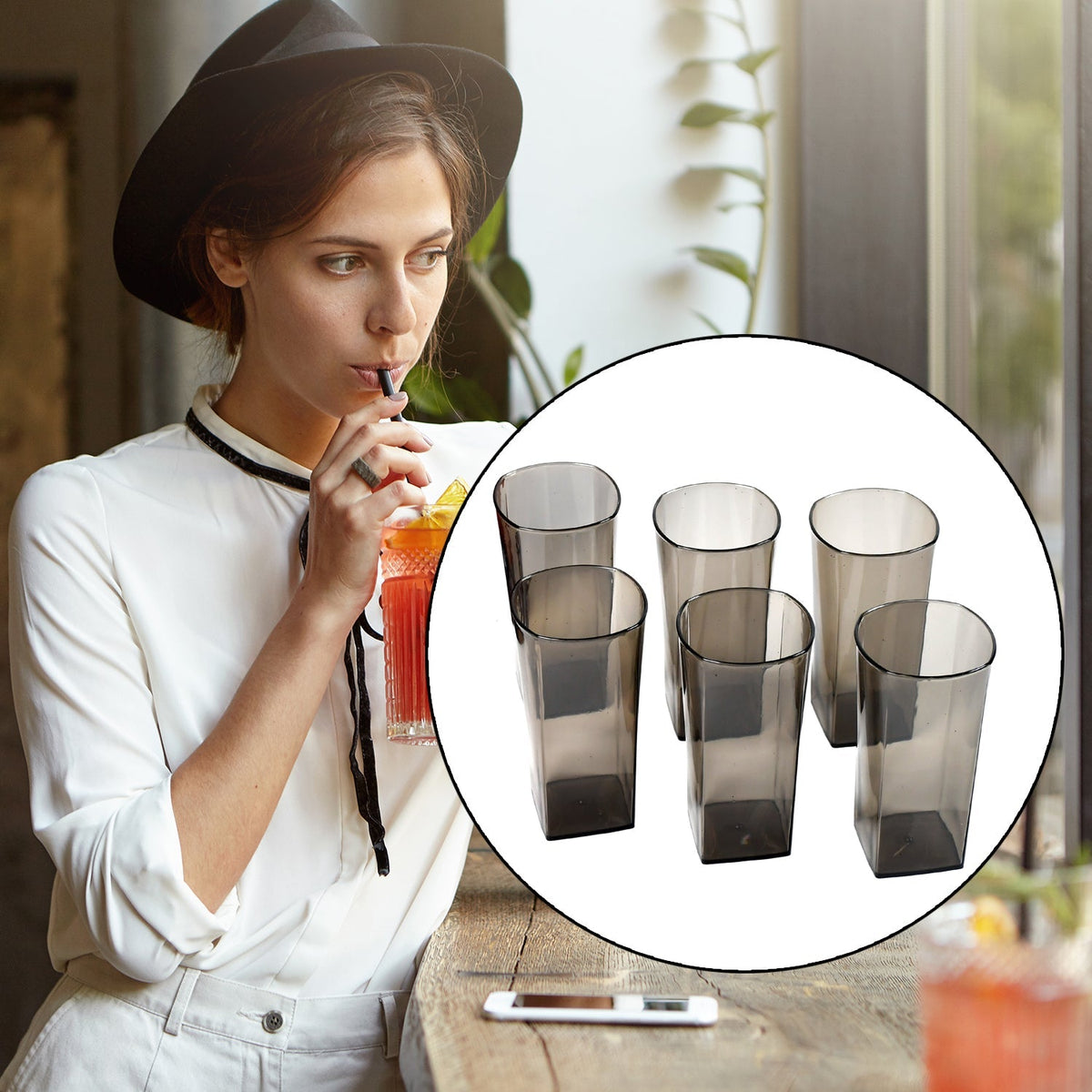 A set of six black square plastic tumblers for water, juice, beer, or wine. Main image