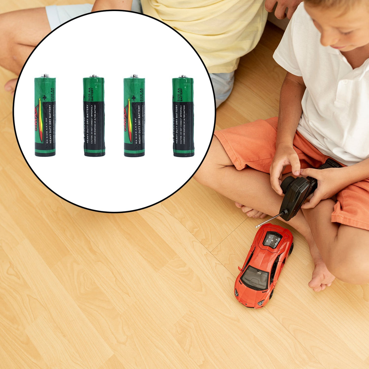 Pack of four RaceCore AA Alkaline Batteries with performance features displayed. Main image