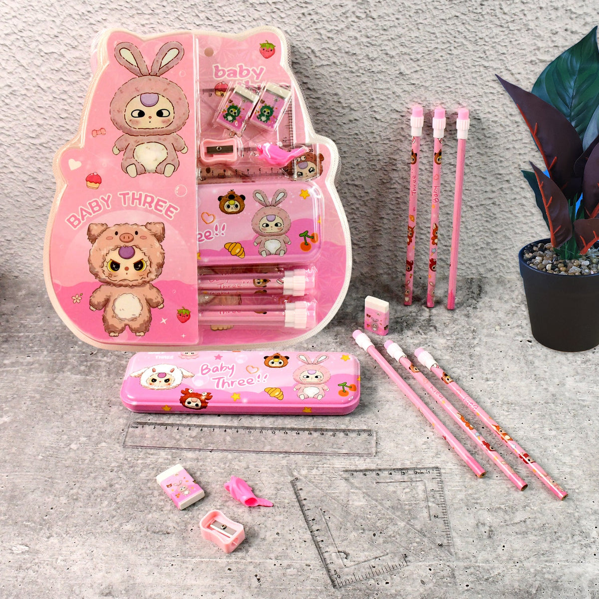 Complete 14-piece cartoon stationery set for kids with metal pencil box and colorful supplies Main image