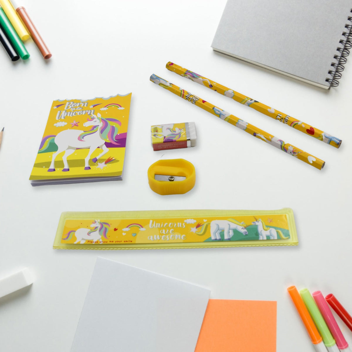 Complete 6-piece school stationery set with ruler, pencils, and sharpener for students. Main image