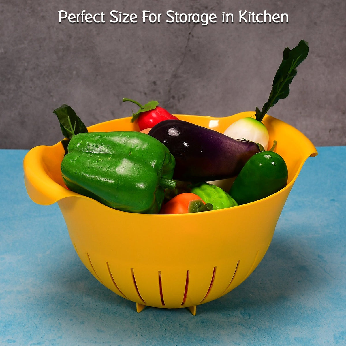A plastic rice washing bowl in blue, perfect for draining fruits and vegetables. Main image