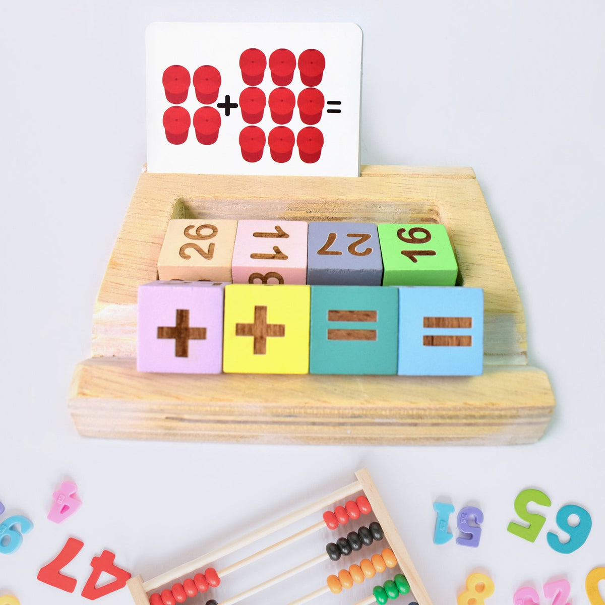 Aditi wooden math game for kids featuring number blocks and colorful flashcards. Main image