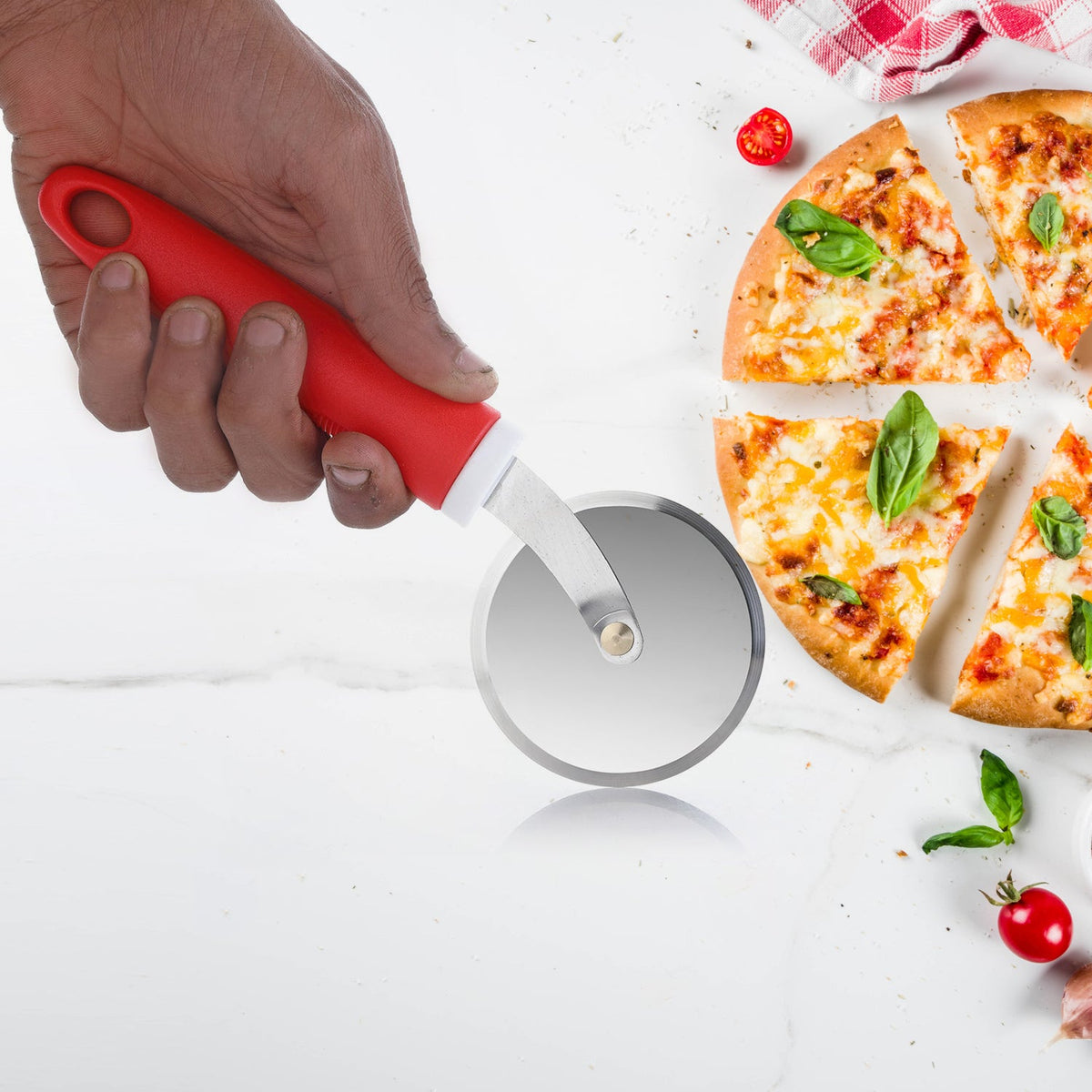 Close-up of Ganesh stainless steel pizza cutter wheel with black handle. Main image