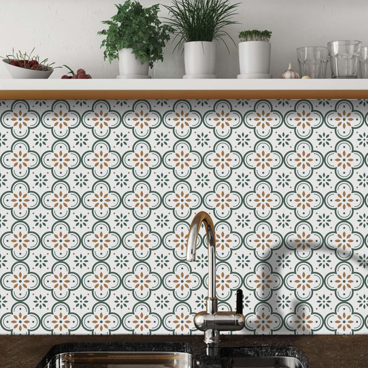 Kitchen backsplash adorned with elegant patterned Peel and Stick Tiles, enhancing the modern decor. Main image