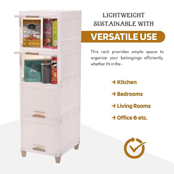 Compact vertical design of white plastic storage drawer cabinet