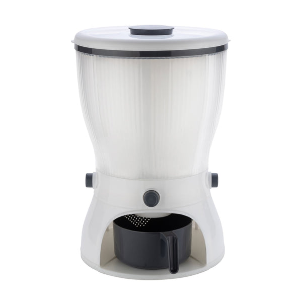 Detailed view of the easy-to-use push-button dispensing mechanism on the rice dispenser.