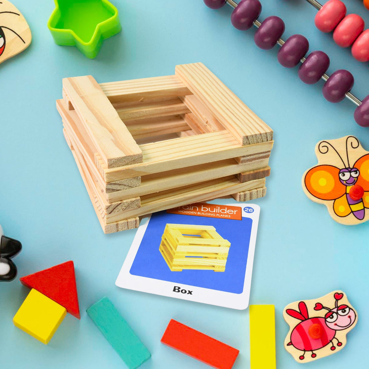 Kids assembling a colorful wooden pattern puzzle with various shapes. Main image