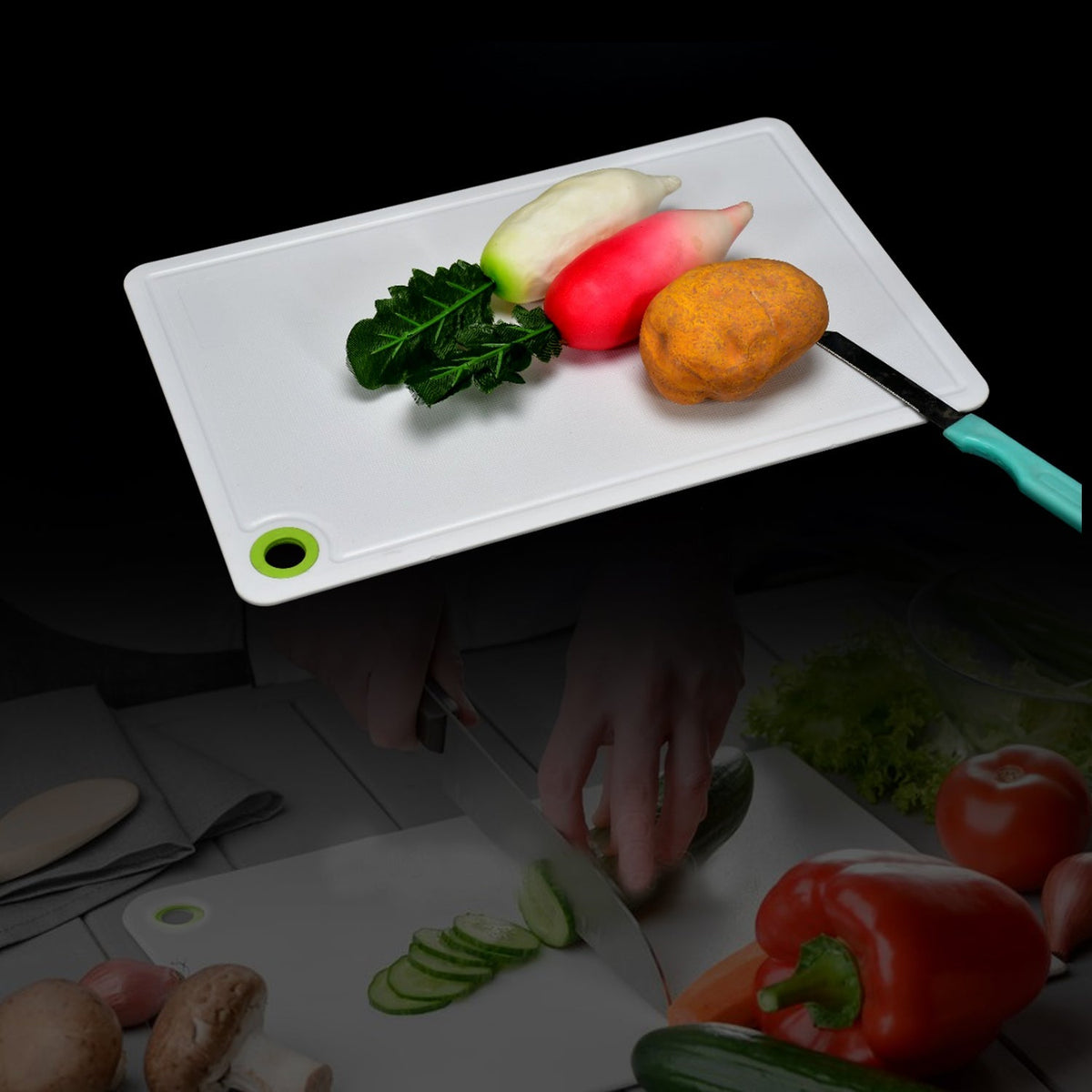 Durable plastic chopping board for fruits and vegetables, essential for every Indian kitchen. Main image
