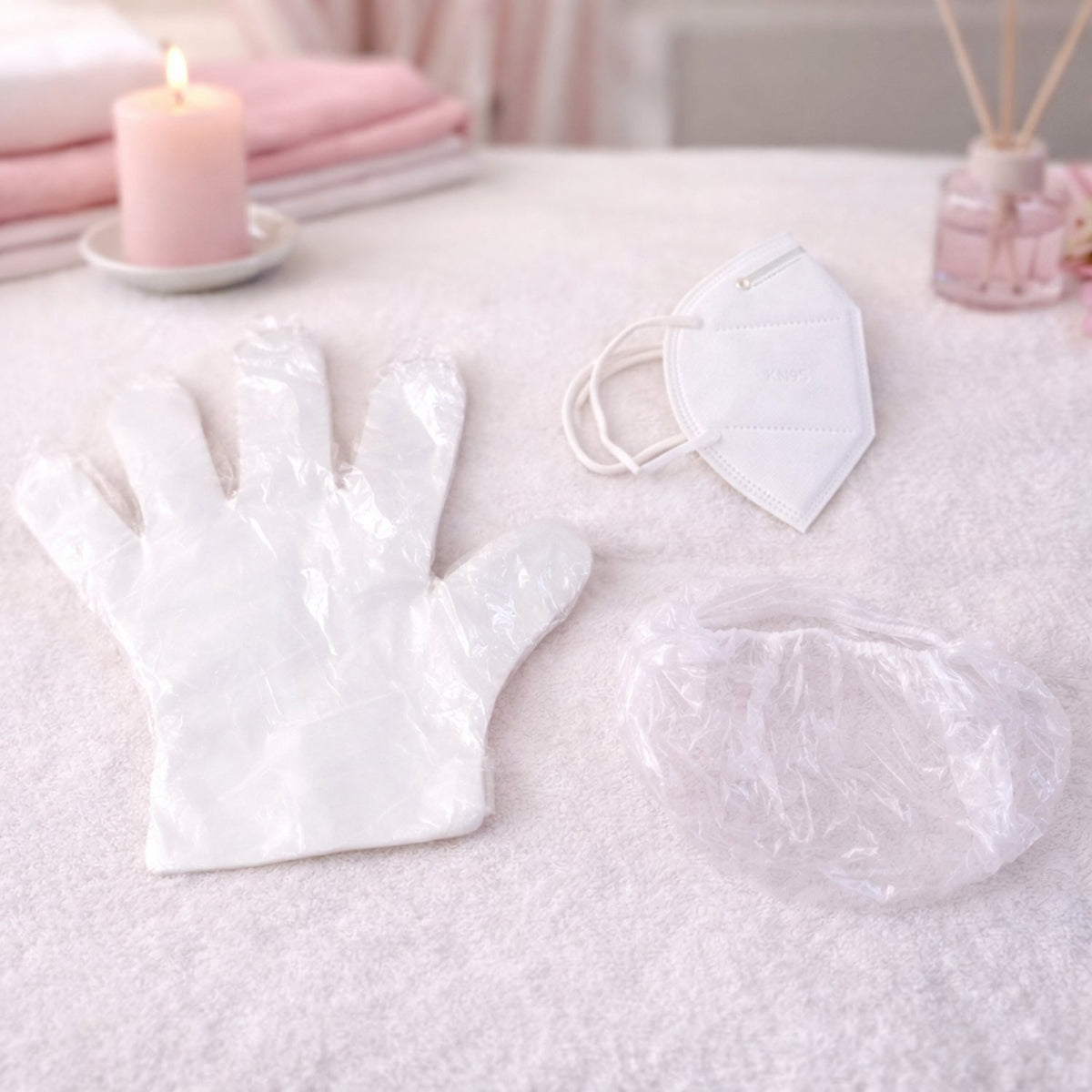 Disposable hygiene safety kit set including gloves, face mask, and shower cap in protective packaging Main image