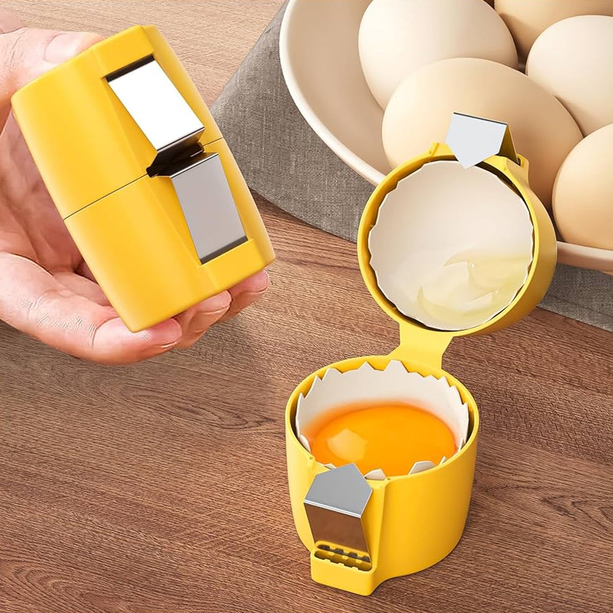 Handheld Egg Shell Opener in a modern kitchen setting, ready for use. Main image