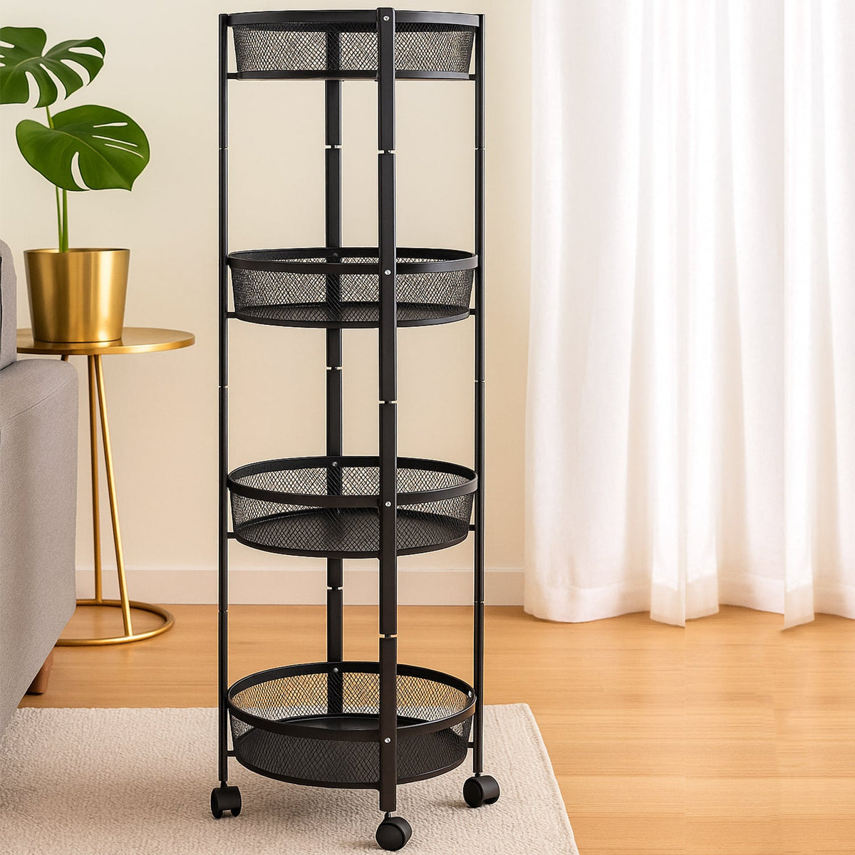 4-layer round metal mesh storage trolley with wheels and spacious baskets Main image