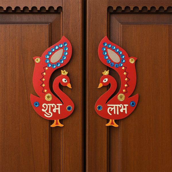 Close-up of traditional Shubh Labh wooden wall hanging design